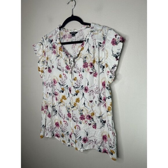 Buffalo David Bitton White Floral Blouse Capped Short Sleeves Size Large - Picture 4 of 11